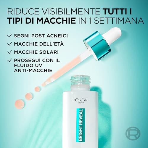 L’Oréal Paris Siero Anti-Macchie, Per Tutti i Tipi di Pelle, Macchie Attenuate e Incarnato Uniforme, Con Niacinamine e Acido Amminosolfonico, Bright Reveal, 50 ml