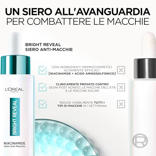 L’Oréal Paris Siero Anti-Macchie, Per Tutti i Tipi di Pelle, Macchie Attenuate e Incarnato Uniforme, Con Niacinamine e Acido Amminosolfonico, Bright Reveal, 50 ml