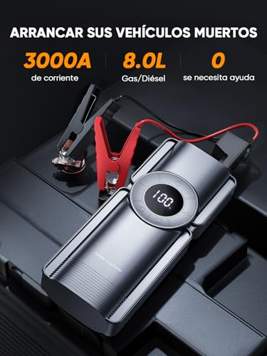 Avviatore Batteria Auto con Compressore, 20000mAh 3000A Avviatore Emergenza per Auto 12V (9L Benzina e 8L Diesel Motori), Booster Avviamento Auto con Compressore d'aria 10,3BAR, Torcia, Ricarica USB