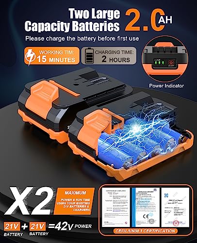 JYGMPRO Decespugliatore a Batteria 21V, Tagliabordi a Batteria Brushless con 2 Batterie 2,0Ah, 2 Lame, 2 Bobina(5m), Tubo Telescopico, Impugnatura Regolabile, Testa Girevole 90°