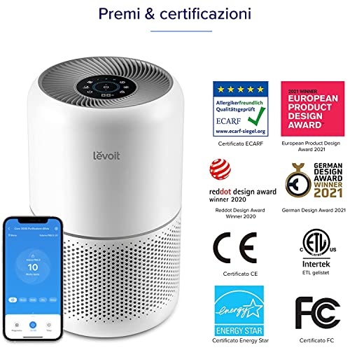 LEVOIT Smart Purificatore d'Aria per Allergie e PM2.5, Filtro HEPA, Guarda Qualità dell'Aria, Contro 99,97% dei Acari Polveri Pollini Odori Muffe, CADR 240m³/h, 50m², 22dB Modalità di Sonno&Auto