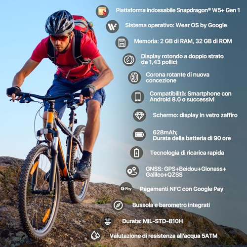 TicWatch Pro 5 Enduro Slate Smartwatch da uomo 1,43" Android Wear OS Smart Watch 90 ore di batteria 110+ modalità di allenamento 7/24 frequenza cardiaca Salute GPS Bussola Non compatibile con iPhone