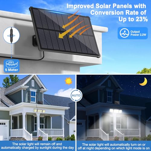 Faretto Led da Esterno Solare con Sensore di Movimento, Luce Solare Led Esterno con Funzione Allarme, 4 Modes IP67 Impermeabile Lampada Solare da Esterno con Telecomando e Pannello Solare per Giardino