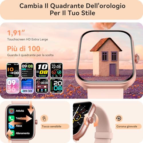 Orologio Smartwatch Donna- 1.91" Smartwatch con Chiamata Bluetooth Alexa, 24H Sonno Cardiofrequenzimetro Spo2, 120 Modalità Sport, Impermeabile IP68 Sportivo Digitale Contapassi Donna per Android iOS