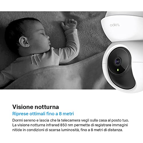 TP-Link Telecamera Wi-Fi Interno 2K(3MP), Videocamera sorveglianza, Visione Notturna, Notifiche in Tempo Reale, Storage su Cloud, MicroSD fino a 256GB, Funziona con Alexa e Google Assistant Tapo C210