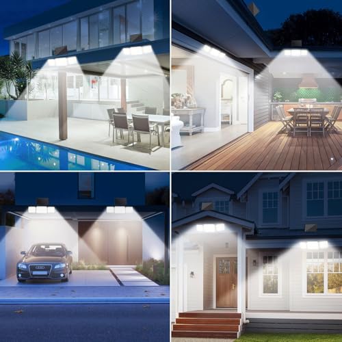 Faretto Led da Esterno Solare con Sensore di Movimento, Luce Solare Led Esterno con Funzione Allarme, 4 Modes IP67 Impermeabile Lampada Solare da Esterno con Telecomando e Pannello Solare per Giardino