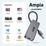 uni Adattatore USB 3.0 a Ethernet, Adattatore Ethernet Nintendo Switch, Adattatore di rete Gigabit da USB a RJ45, Adattatore LAN compatibile con Chrome OS, Windows 8/7/XP/10, macOS, Linux e altro