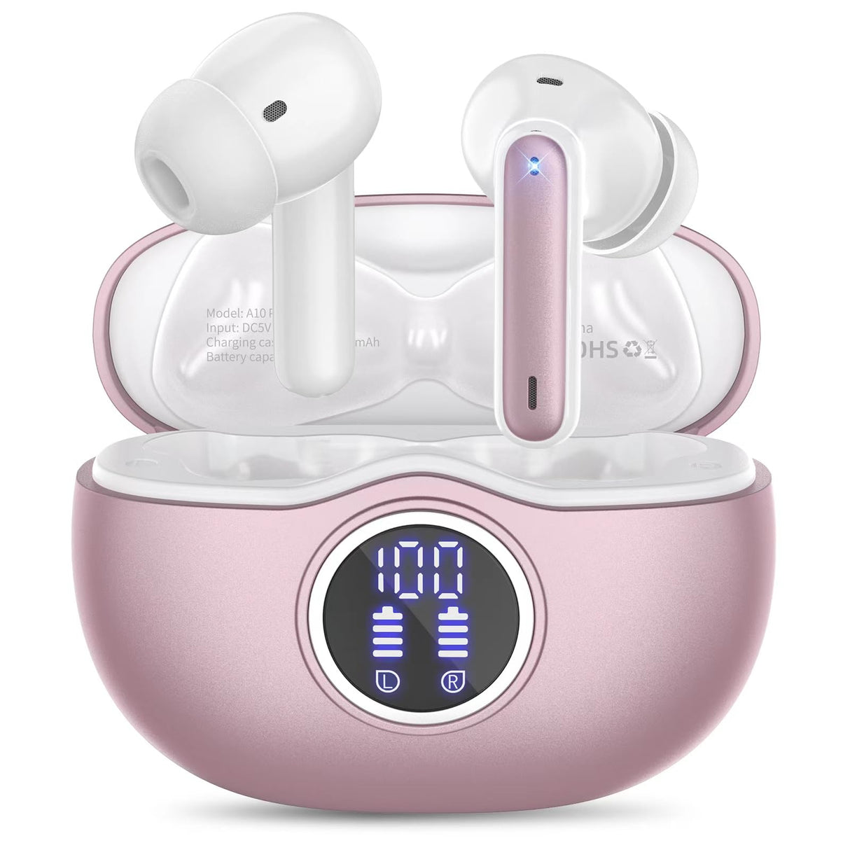 QYCAITEK Cuffie Bluetooth, Auricolari Bluetooth 5.3 Stereo HiFi con microfono 4 HD, Cuffiette Bluetooth 50 Ore LED Display, Touch Control, USB-C, Cuffie Senza Fili IP7 Impermeabili, Rosa