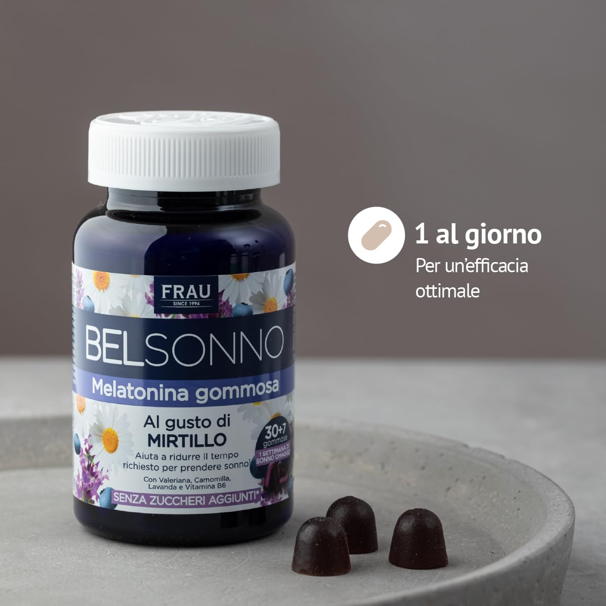 FRAU BEL SONNO, 30+7 Caramelle di Melatonina Gommosa con Valeriana, Camomilla, Lavanda e Vitamina B6, per Favorire il Sonno, Gusto Mirtillo