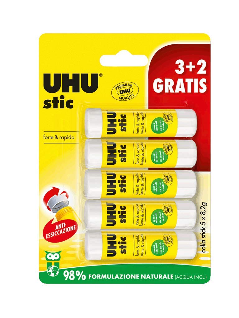 UHU Stic 5x8.2g colla per bambini, sicura da usare per i lavoretti, adatta per la scuola, l'ufficio, l'università