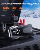 Booster Avviamento Auto 3000A 21800mAh Avviatore Emergenza per Auto, Starter Batteria Auto Portatile con Cavi Batteria Auto Estesi, Fino a 8.5L Gas o 8.0L Diesel, Display LCD, Ricarica USB