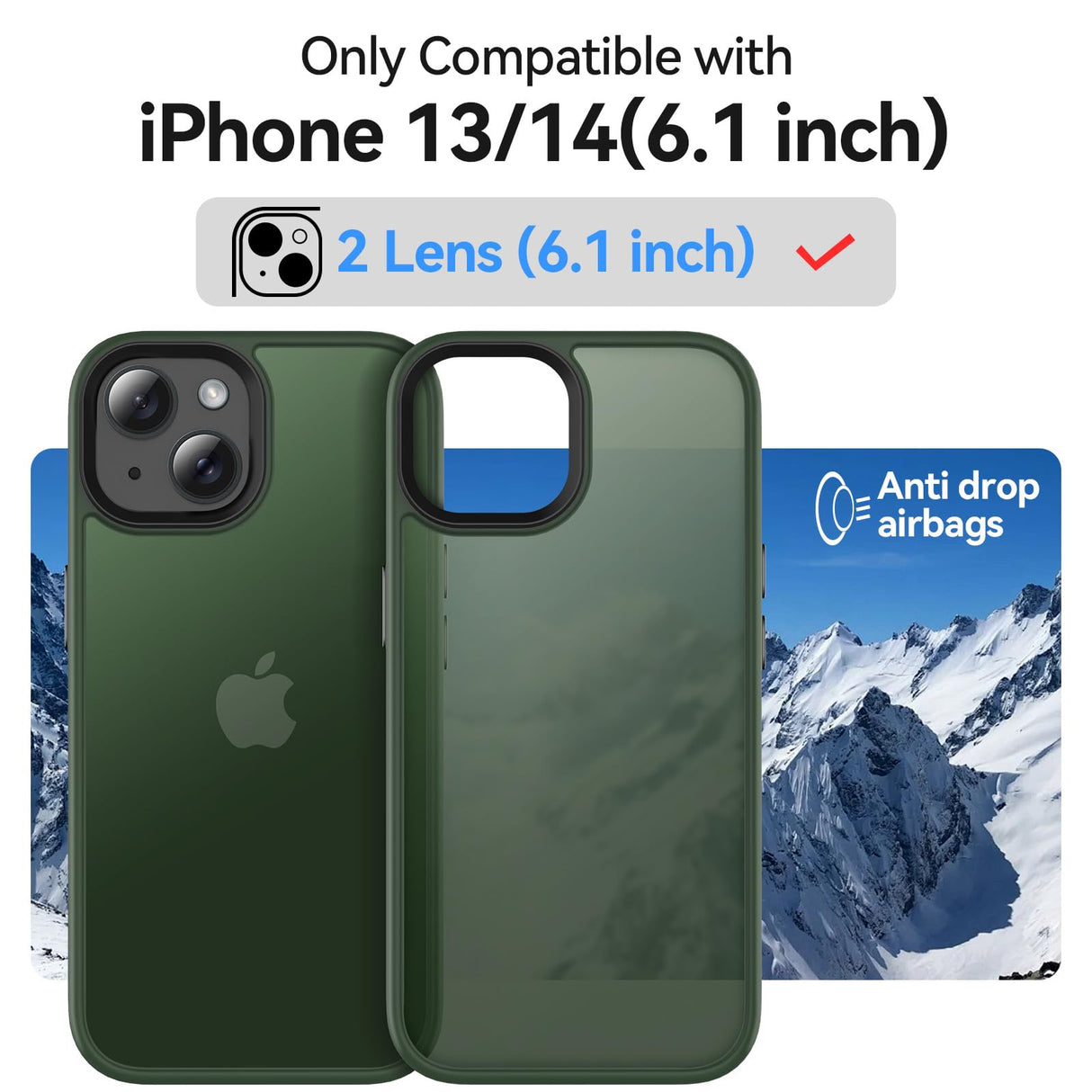 Kmofizle Cover per iPhone 13 / iPhone 14 e 2 Pellicole in Vetro Temperato, Custodia Protezione Anticaduta Antiurto di Grado Militare Traslucida Opaca Posteriore Sottile Protettiva Case, Verde