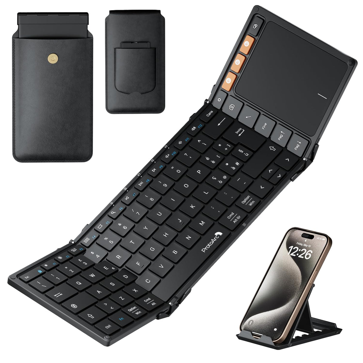 ProtoArc Tastiera Bluetooth Pieghevole, XK01 TP Tastiera Wireless Layout Italiana con Touchpad, Tastiera iPad Portatile Viaggio per iPhone, Android, PC Telefono Tablet Windows - Nero