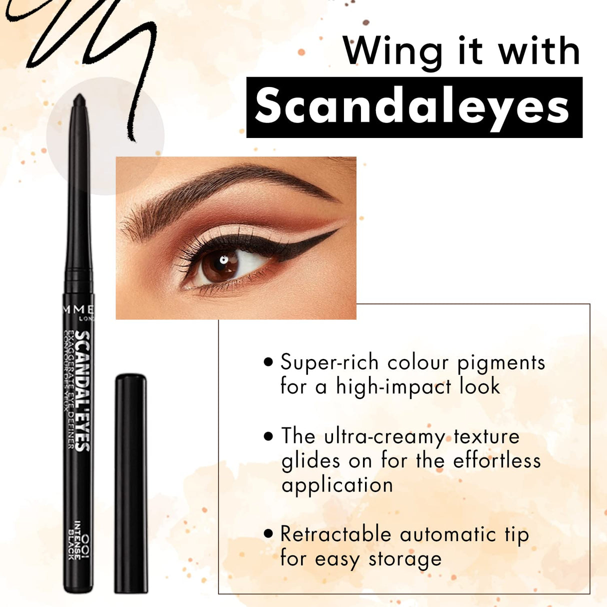 Rimmel London ScandalEyes Exaggerate Eye Definer, Matita Occhi Automatica Waterproof a Lunga Durata dal Colore Intenso e Tratto Ultra Preciso, 001 Intense Black - 0.35g