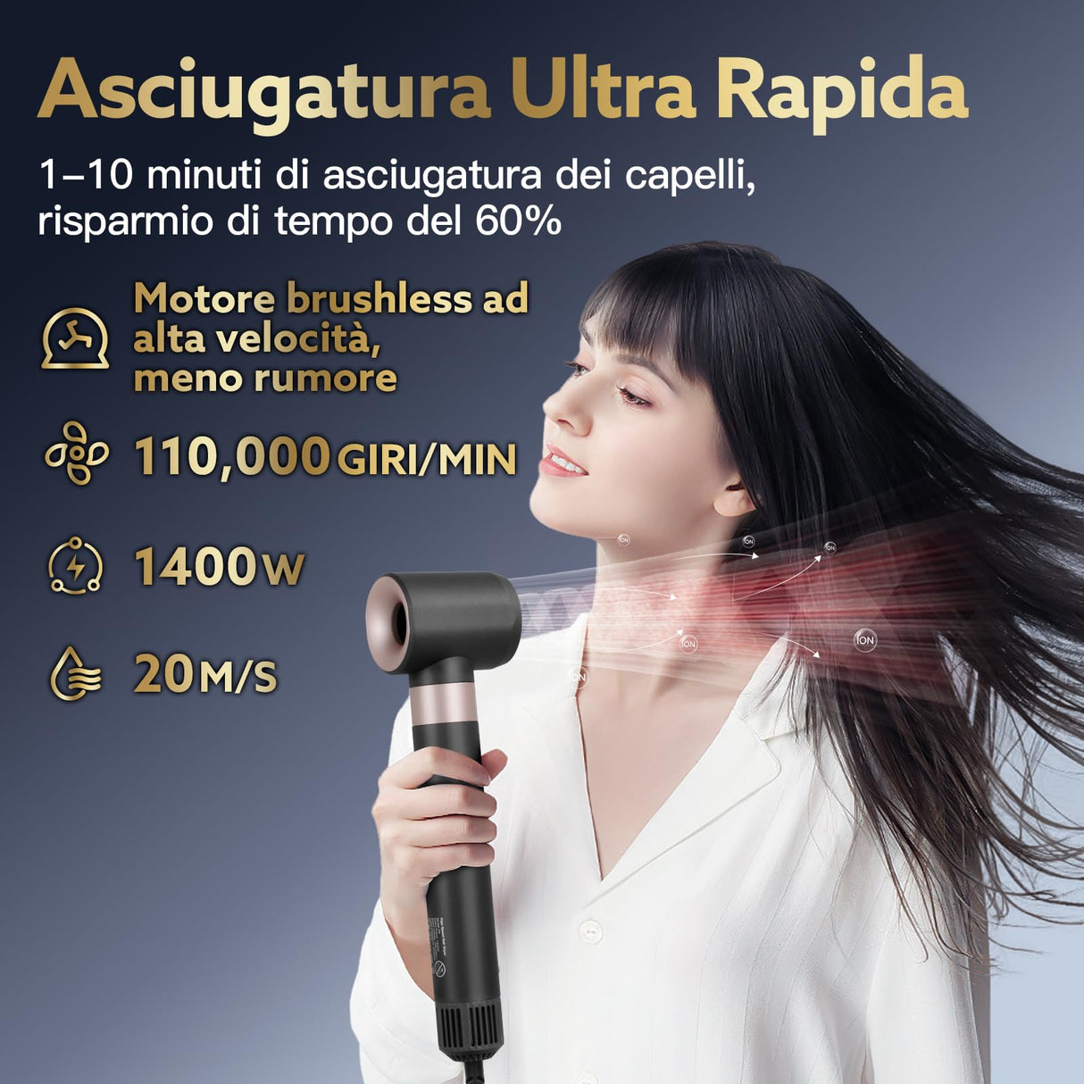 [3 in 1]webeauty Asciugacapelli, 110,000 GIRI/MIN, 20M/S Phon Capelli Ad Alta Velocità,200 Milioni di Ioni Negativi Hair Dryer Con Automatico Arricciacapelli Per Un'Asciugatura Rapida e Arricciatura