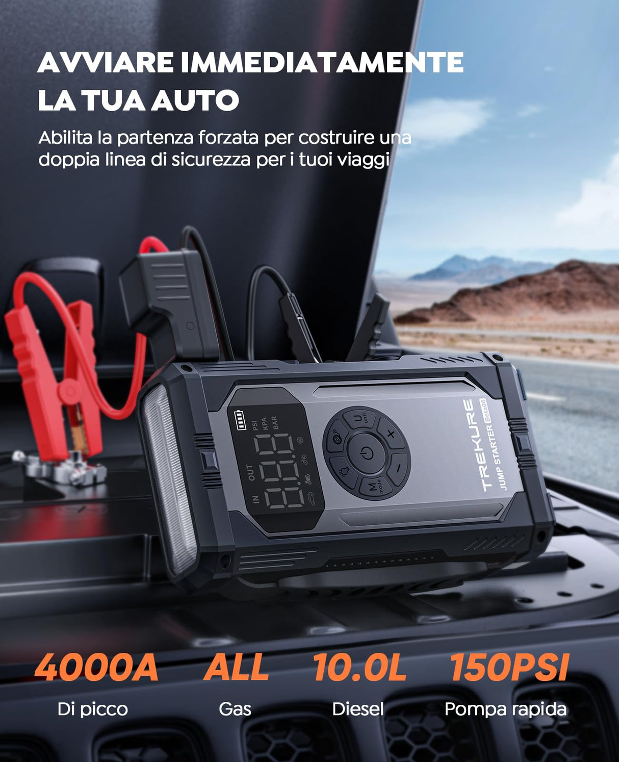 Booster Avviamento Auto con Compressore, 4000A 23800mAh TREKURE Avviatore Emergenza per Auto (Motori a Gas o 10L Diesel), Avviatore Batteria Auto con Maniglia, Torcia, 160W CC, Ricarica USB