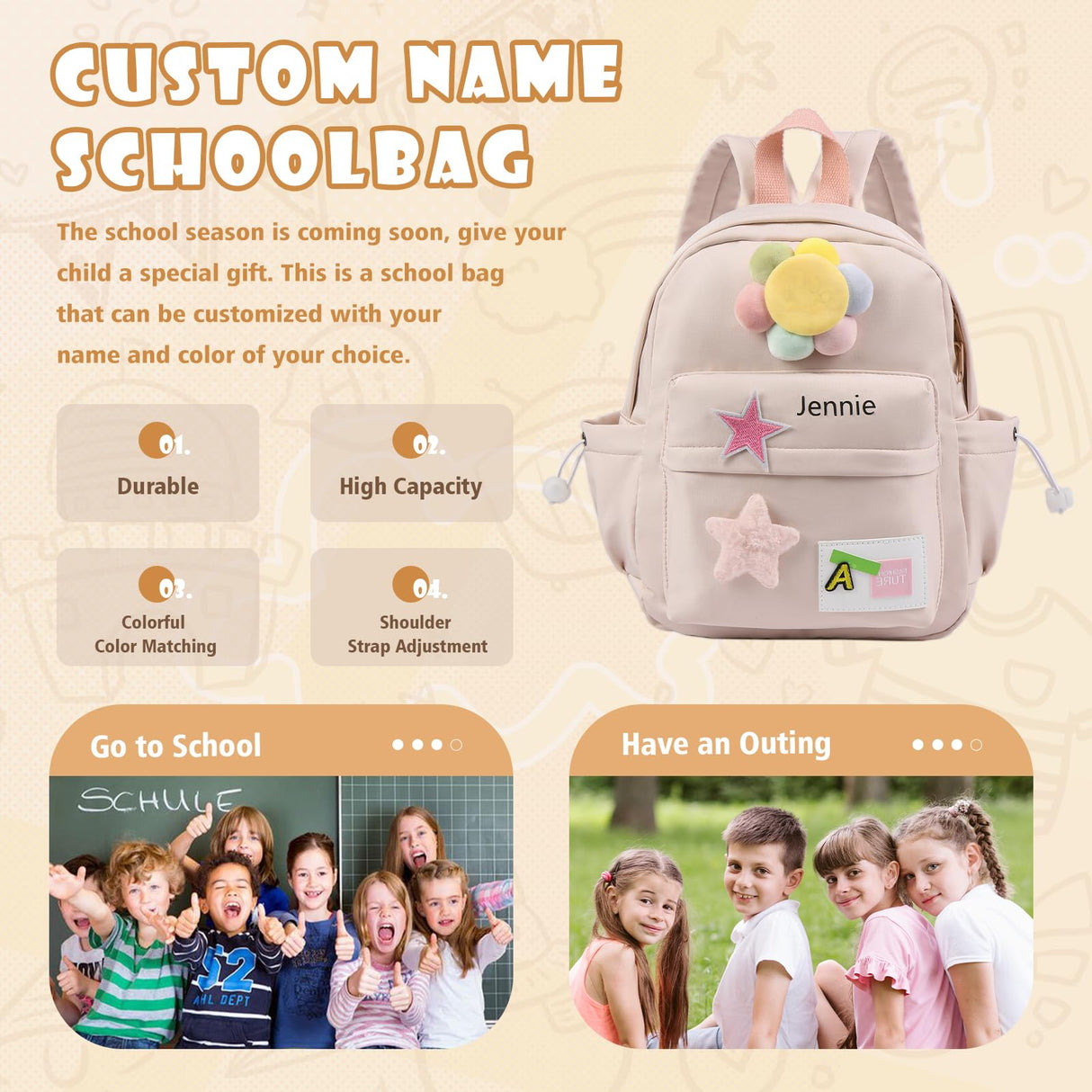 Glimmerday Zaini per Bambini Personalizzati, Zaino Scolastico Simpatico Cartone Animato per Ragazze con Nome Cucito, Zainetto Asilo Bambina, Regali di Ritorno a Scuola per Bambini