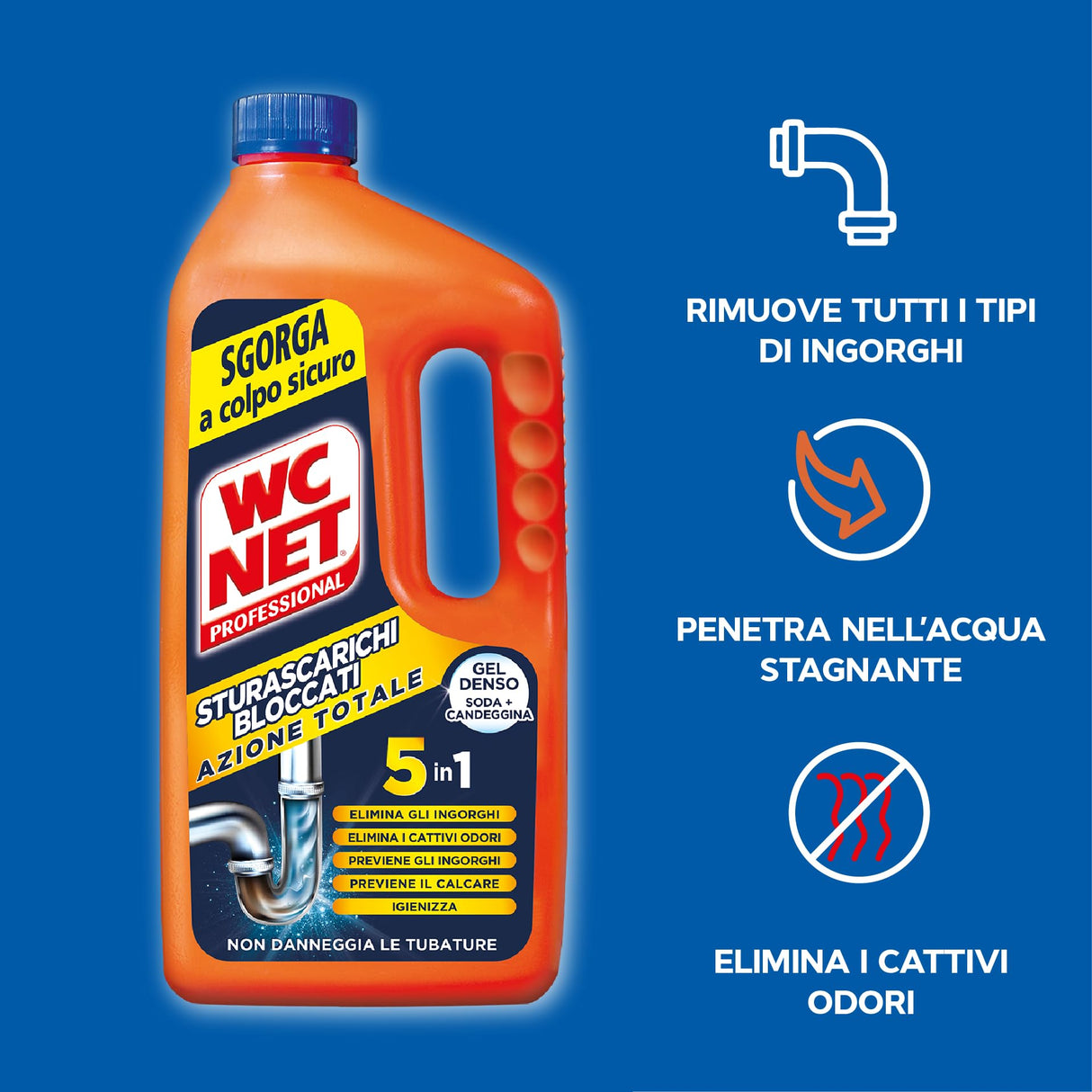 Wc Net Professional - Sturascarichi 5 Azioni in 1, Disgorgante Gel per Scarichi Professionale, con Agenti Salvatubi e Anticalcare, 1000 ml