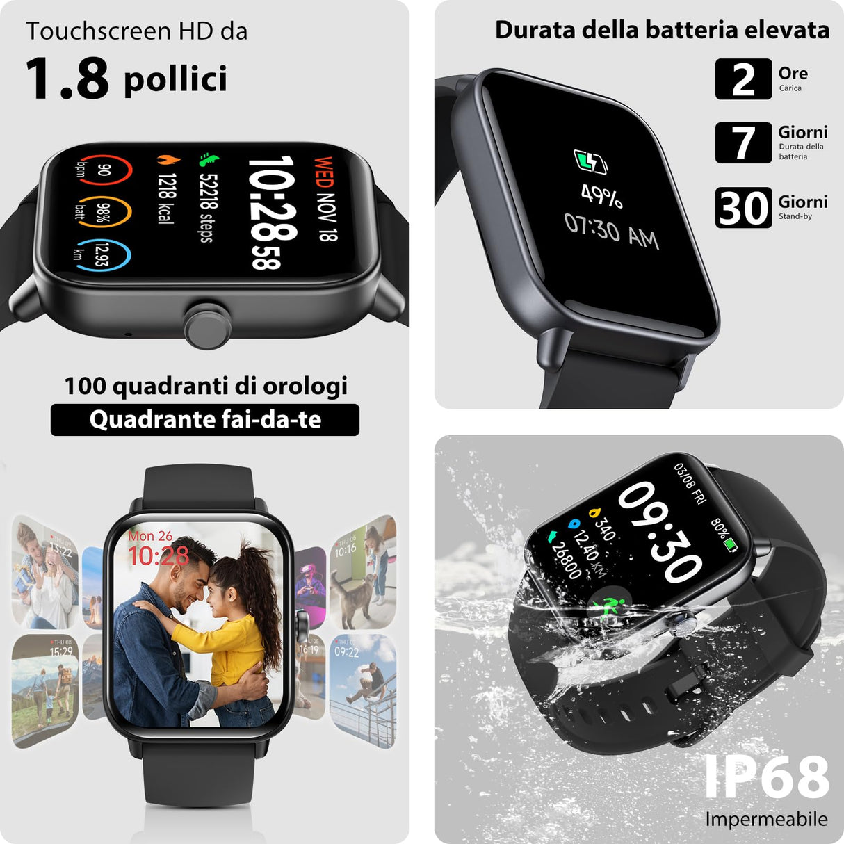 Smartwatch Uomo Donna Rispondi/Effettua Chiamate, 1.8" Orologio Alexa Integrata, SpO2/Frequenza Cardiaca/Sonno/Stress, 100 Modalità Sport, Contacalorie/Passi/Distanza, IP68 Smart Watch per Android/iOS