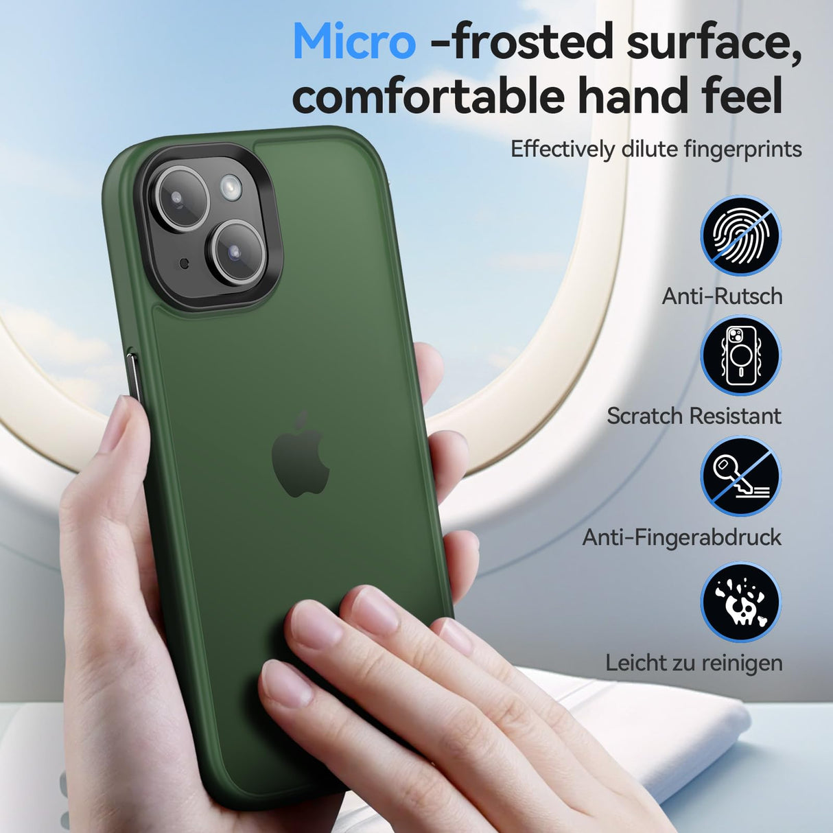 Kmofizle Cover per iPhone 13 / iPhone 14 e 2 Pellicole in Vetro Temperato, Custodia Protezione Anticaduta Antiurto di Grado Militare Traslucida Opaca Posteriore Sottile Protettiva Case, Verde