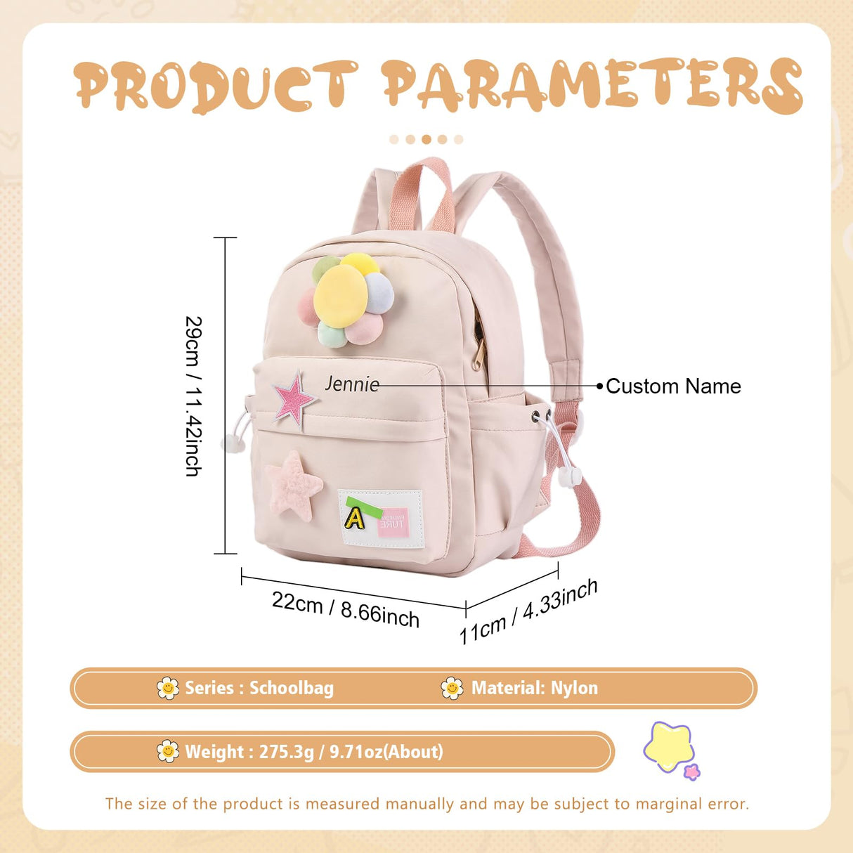 Glimmerday Zaini per Bambini Personalizzati, Zaino Scolastico Simpatico Cartone Animato per Ragazze con Nome Cucito, Zainetto Asilo Bambina, Regali di Ritorno a Scuola per Bambini