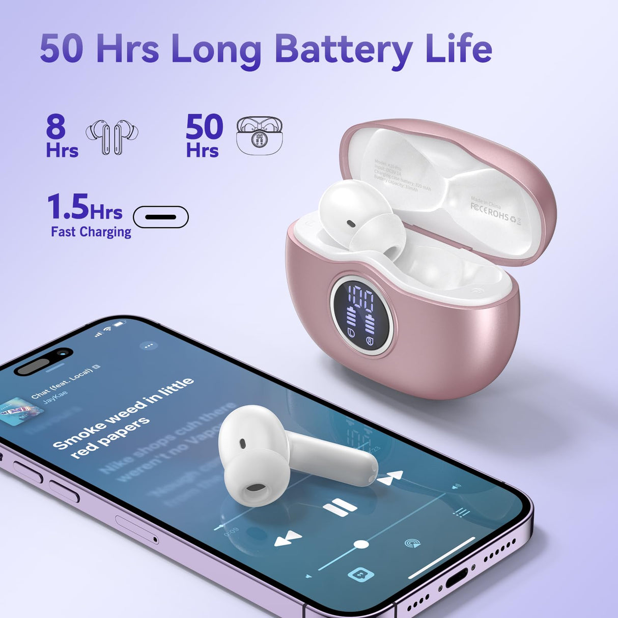 QYCAITEK Cuffie Bluetooth, Auricolari Bluetooth 5.3 Stereo HiFi con microfono 4 HD, Cuffiette Bluetooth 50 Ore LED Display, Touch Control, USB-C, Cuffie Senza Fili IP7 Impermeabili, Rosa