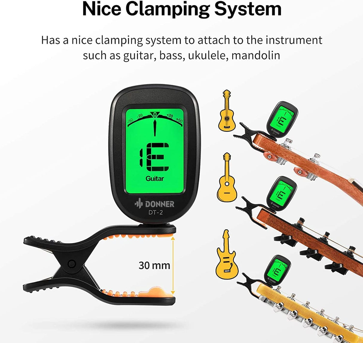 Donner Accordatore Chitarra Elettronico Cromatico Tuner a Clip per Chitarra, Basso, Ukulele e Violino con DSchermo LCD 360° Rotazione (DT-2)