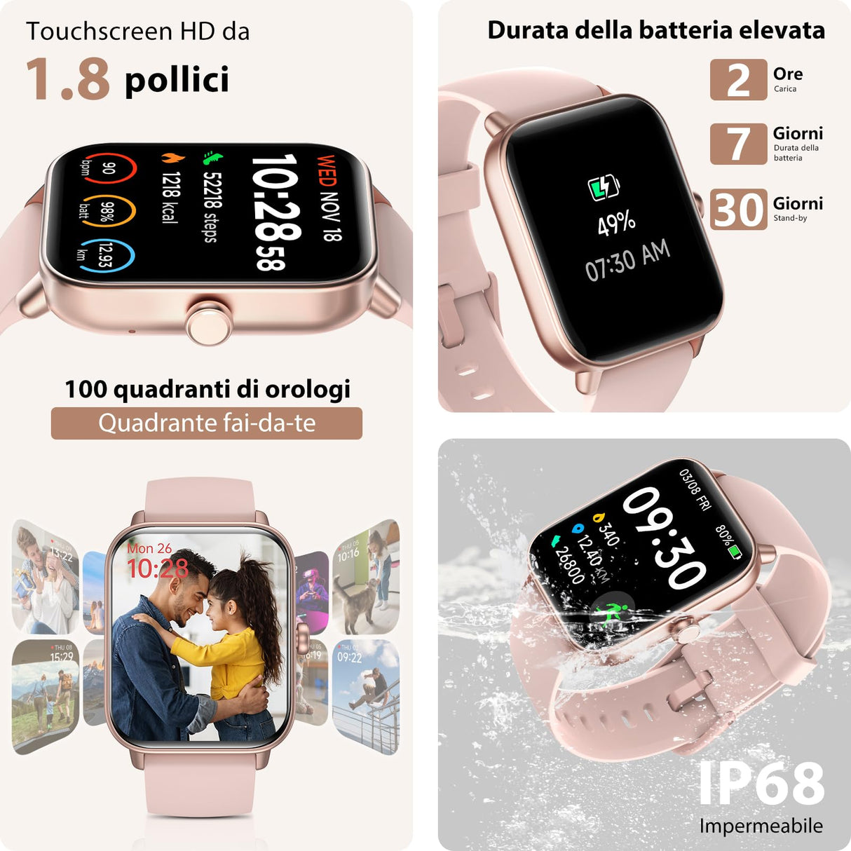 Smartwatch Donna Uomo Rispondi/Effettua Chiamate, 1.8" Orologio Alexa Integrata, SpO2/Frequenza Cardiaca/Sonno/Stress, 100 Modalità Sport, Contacalorie/Passi/Distanza, IP68 Smart Watch per Android/iOS