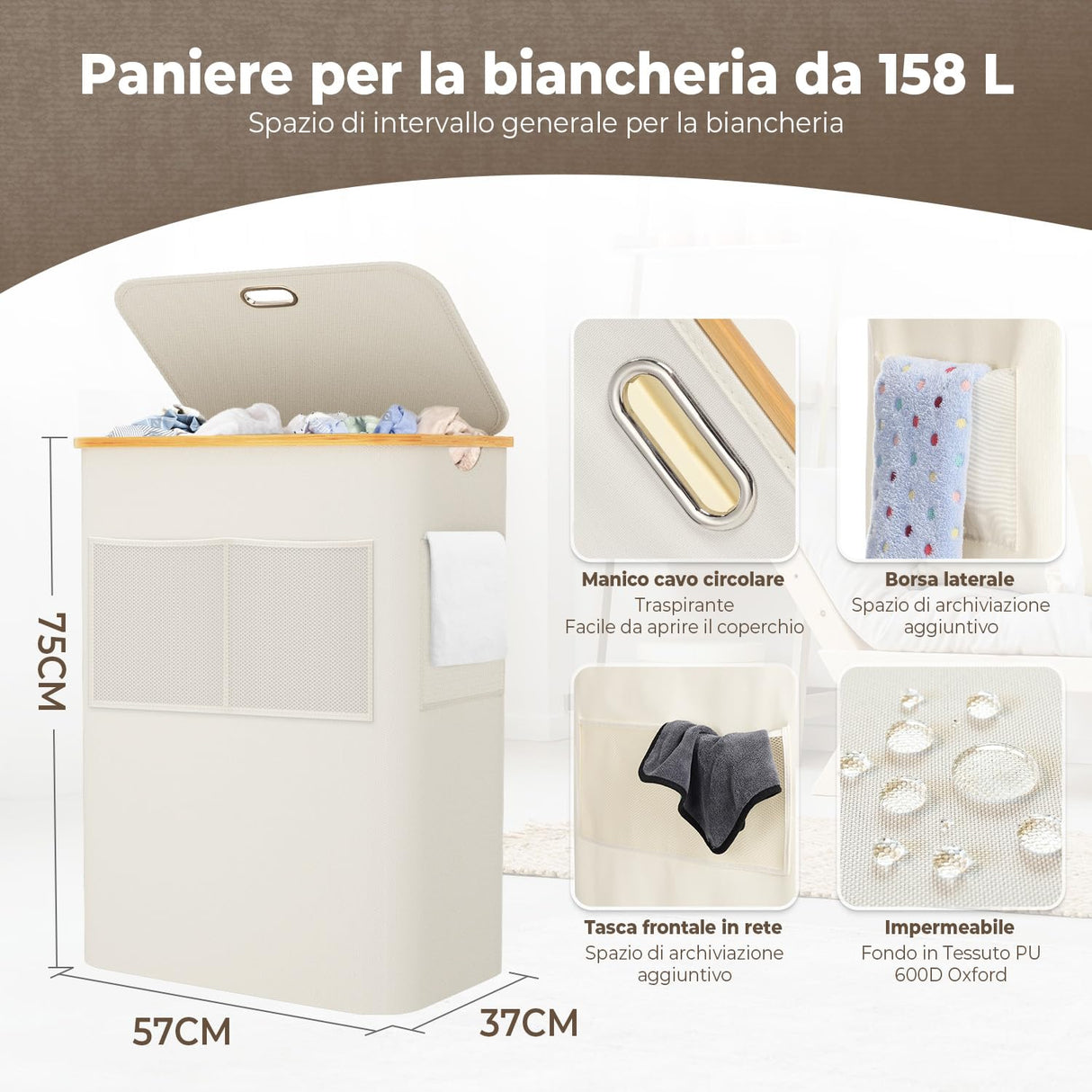 OUSFOT Portabiancheria 3 Scomparti per Vestiti Sporchi Manico in bambù 158L Cesto Portabiancheria Pieghevole in Rete Tasca Frontale con Coperchio Beige