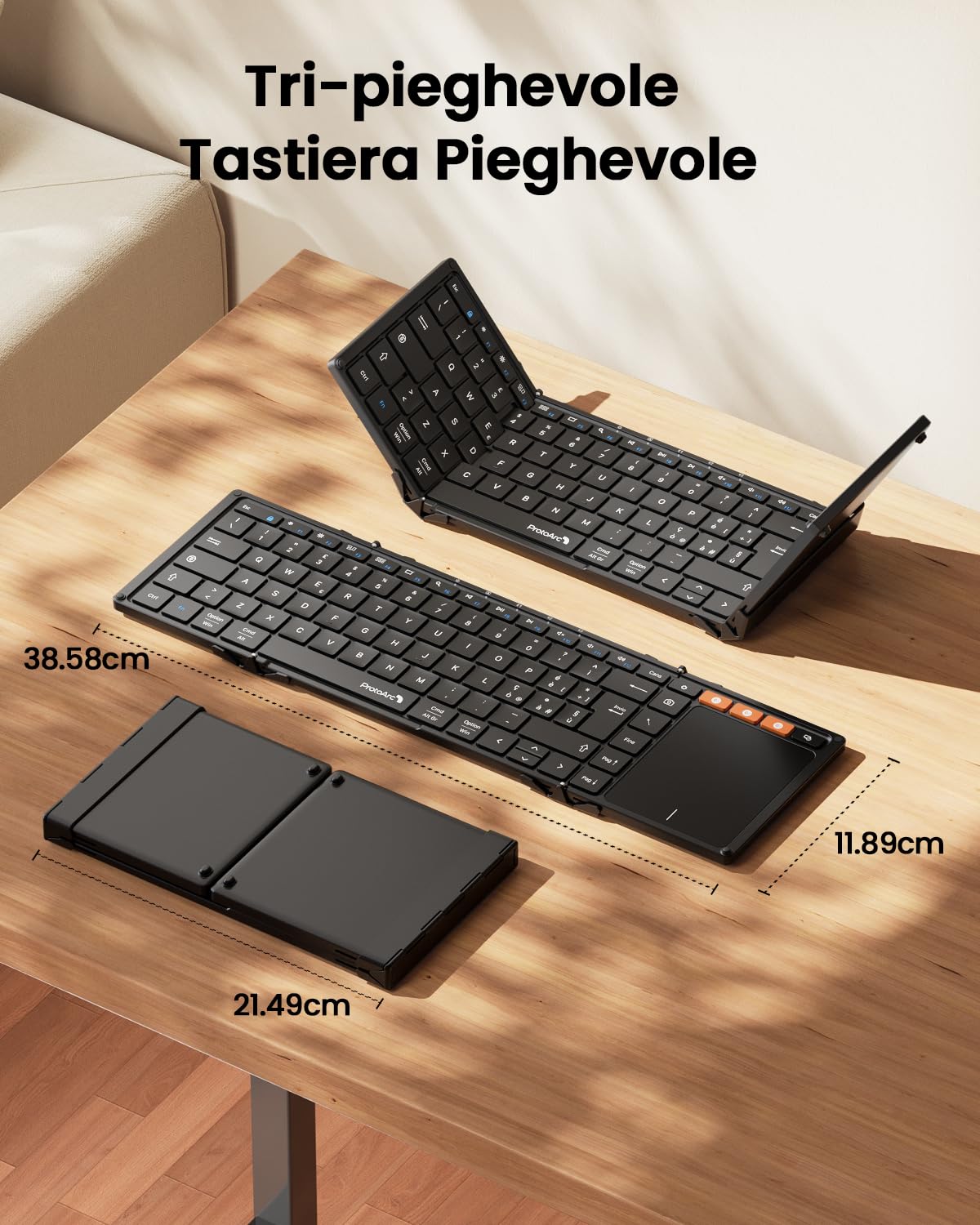 ProtoArc Tastiera Bluetooth Pieghevole, XK01 TP Tastiera Wireless Layout Italiana con Touchpad, Tastiera iPad Portatile Viaggio per iPhone, Android, PC Telefono Tablet Windows - Nero