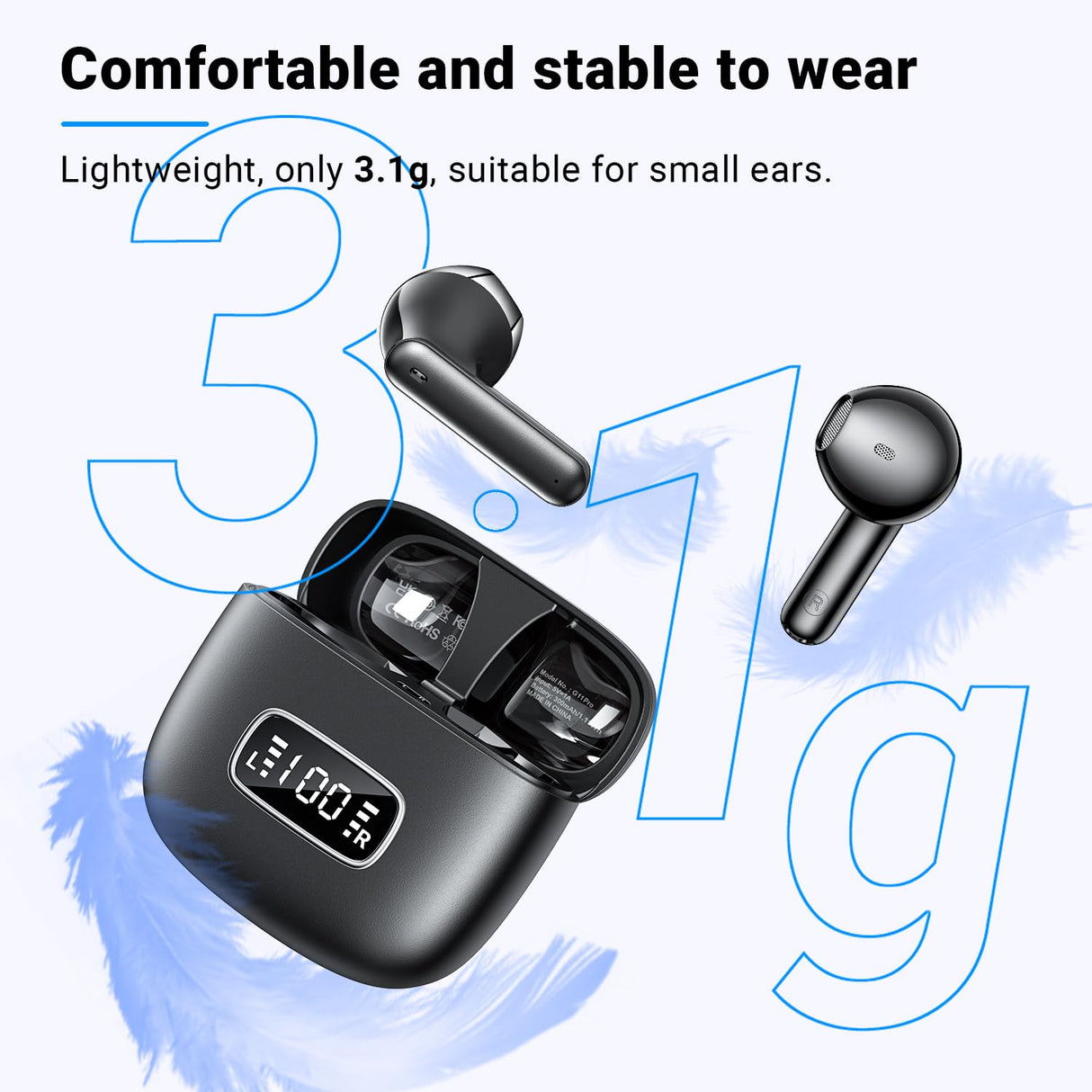 Cuffie Bluetooth, Auricolari Bluetooth 5.3 con 4 Mic Cuffie Wireless Bluetooth Mini Stereo HiFi ENC Cancellazione Rumore IP6 Impermeabili Cuffie Senza Fili LED 42 Ore LED Display per Android iOS Nero