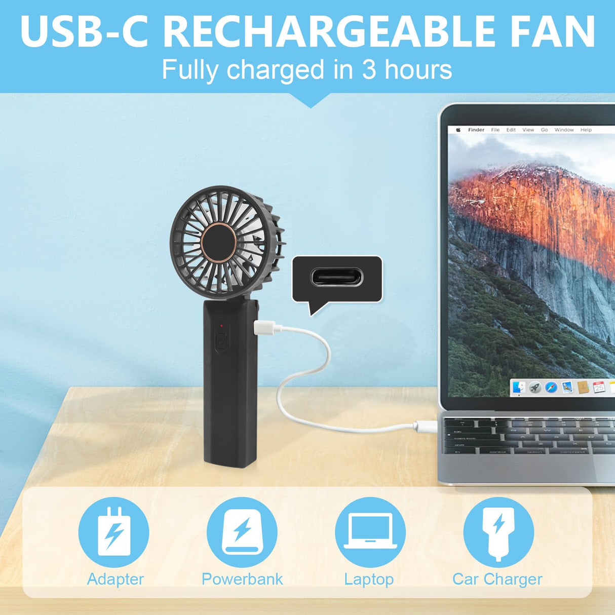 Feebee Ventilatore Portatile Ricaricabile USB C, Mini Ventilatore a Mano 3 IN 1 Leggero Silenzioso, 180 Gradi Rotazione, 4-8 Ore di Autonomia, Batteria da 2000mAh, Nero