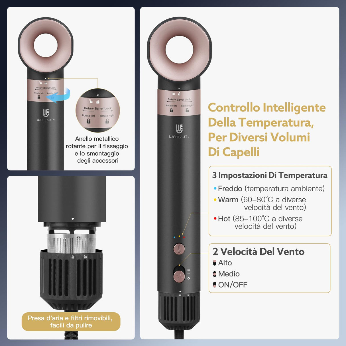 [3 in 1]webeauty Asciugacapelli, 110,000 GIRI/MIN, 20M/S Phon Capelli Ad Alta Velocità,200 Milioni di Ioni Negativi Hair Dryer Con Automatico Arricciacapelli Per Un'Asciugatura Rapida e Arricciatura