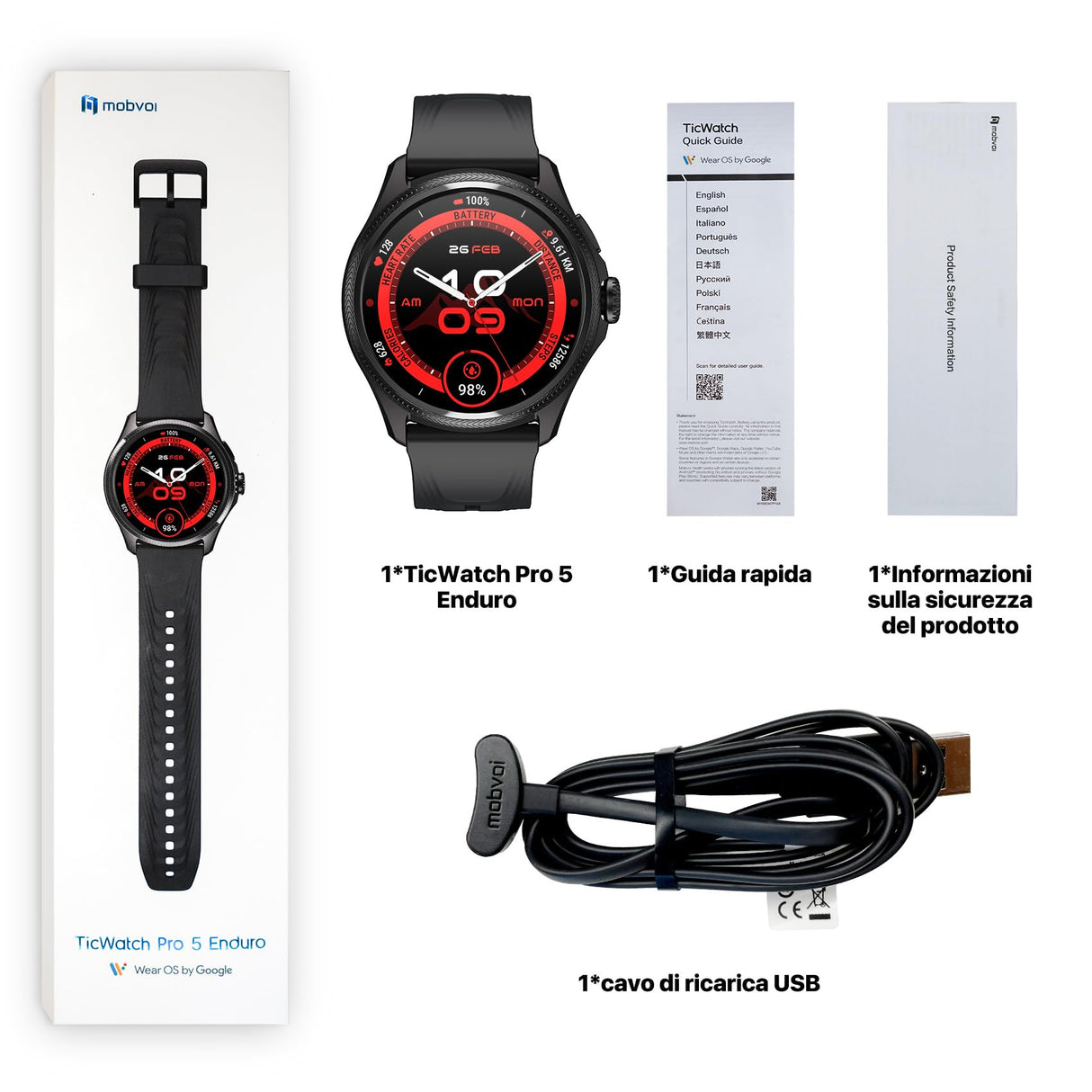 TicWatch Pro 5 Enduro Smartwatch da uomo 1,43" Android Wear OS Smart Watch 90 ore di batteria 110+ modalità di allenamento 7/24 frequenza cardiaca Salute 5ATM GPS Bussola Non compatibile con iPhone