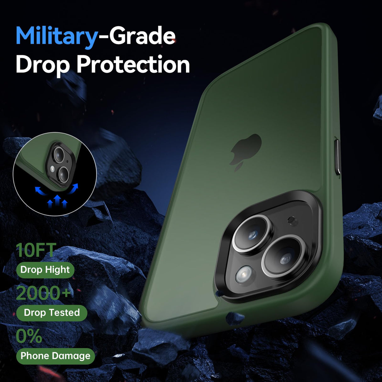 Kmofizle Cover per iPhone 13 / iPhone 14 e 2 Pellicole in Vetro Temperato, Custodia Protezione Anticaduta Antiurto di Grado Militare Traslucida Opaca Posteriore Sottile Protettiva Case, Verde