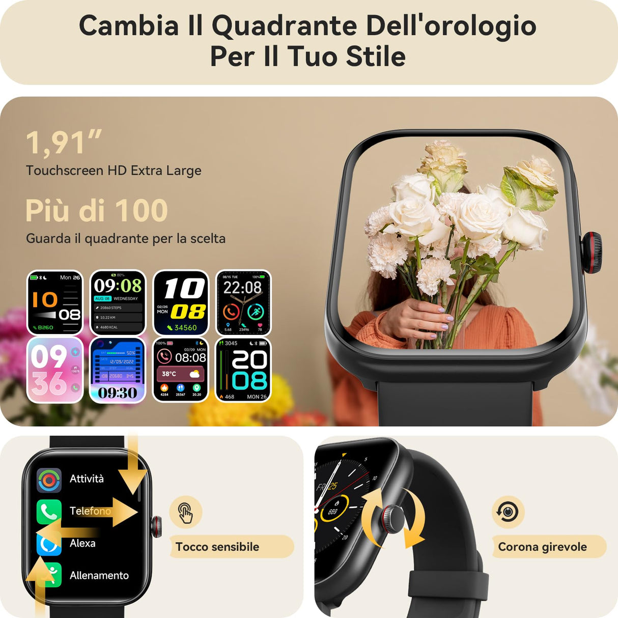 Orologio Smartwatch Uomo- 1.91" Smartwatch con Chiamata Bluetooth e Alexa, 24H Sonno Cardiofrequenzimetro Spo2, 120 Modalità Sport, Impermeabile IP68 Sportivo Digitale Contapassi Uomo per Android iOS