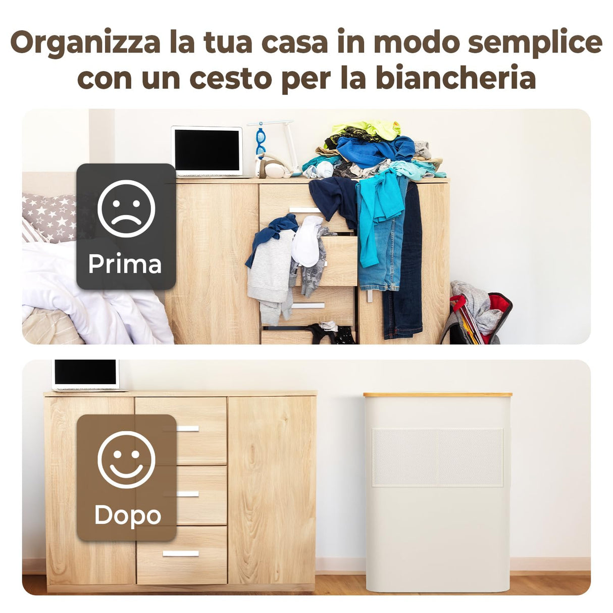 OUSFOT Portabiancheria 3 Scomparti per Vestiti Sporchi Manico in bambù 158L Cesto Portabiancheria Pieghevole in Rete Tasca Frontale con Coperchio Beige