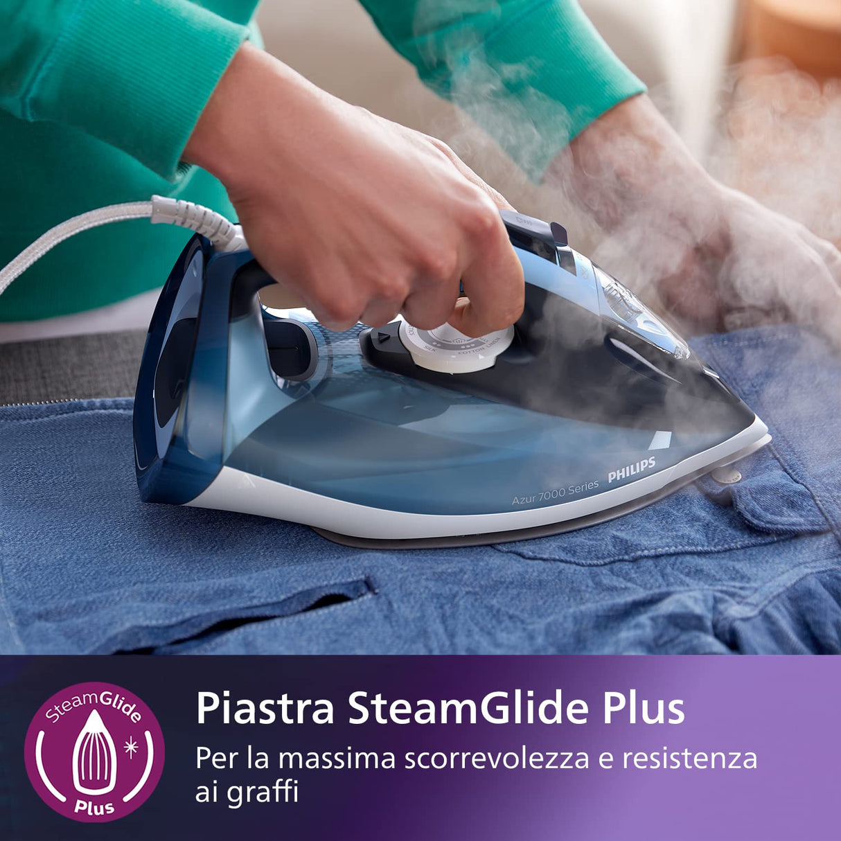 Philips Azur Series 7000 Ferro da Stiro a Vapore - 2800 W, Vapore Continuo 50g/min, Colpo Vapore da 250 g, Vapore Verticale, Piastra SteamGlide Plus, Blu/Azzurro (DST7020/20)