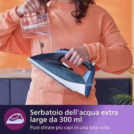 Philips Azur Series 7000 Ferro da Stiro a Vapore - 2800 W, Vapore Continuo 50g/min, Colpo Vapore da 250 g, Vapore Verticale, Piastra SteamGlide Plus, Blu/Azzurro (DST7020/20)