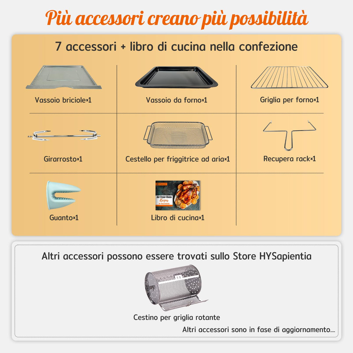 HYSapientia® Forno Friggitrice ad Aria Calda 24 litri 10 in 1, 1800W Friggitrice aria in acciaio inox，Ricette e istruzioni italiane，forno ad aria con 8 accessori…