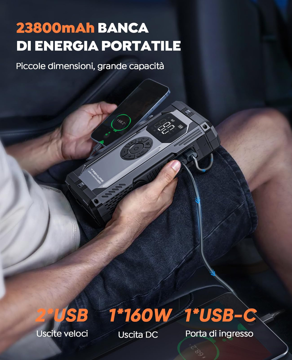 Booster Avviamento Auto con Compressore, 4000A 23800mAh TREKURE Avviatore Emergenza per Auto (Motori a Gas o 10L Diesel), Avviatore Batteria Auto con Maniglia, Torcia, 160W CC, Ricarica USB