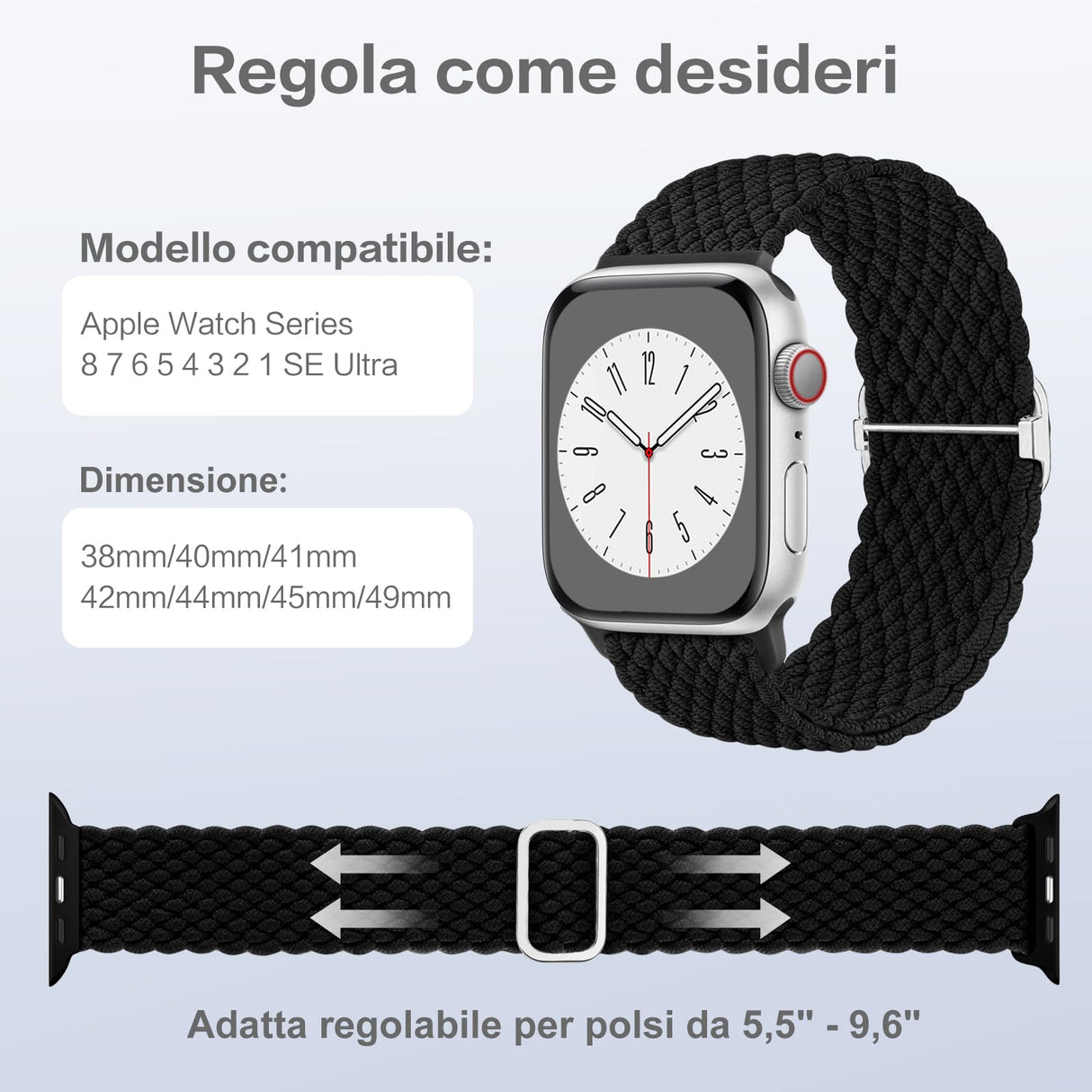 CeMiKa Cinturino di Intrecciato Compatible per Apple Watch 41mm 40mm 38mm, Sport Nylon Ricambio Elastica Cinturini per iWatch Series 9 8 7 6 SE 5 4 3 2 1 Ultra 2/Ultra, Donna Uomini, Nero