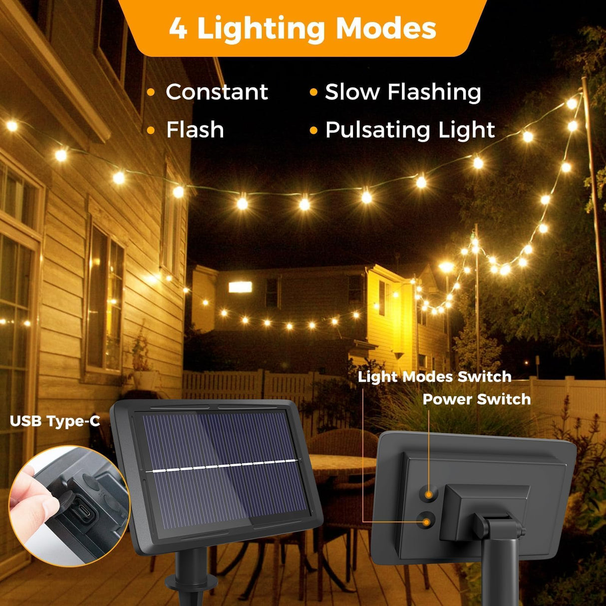 btfarm 23M Catena Luminosa Esterno Solare, 30+3 LED G40 Filo Lampadine Luci Solari Esterno 4 Modalità, IP65 Impermeabile Lucine Esterni Energia Solare USB Ricaricabile per Giardino, Terrazzo, Balcone