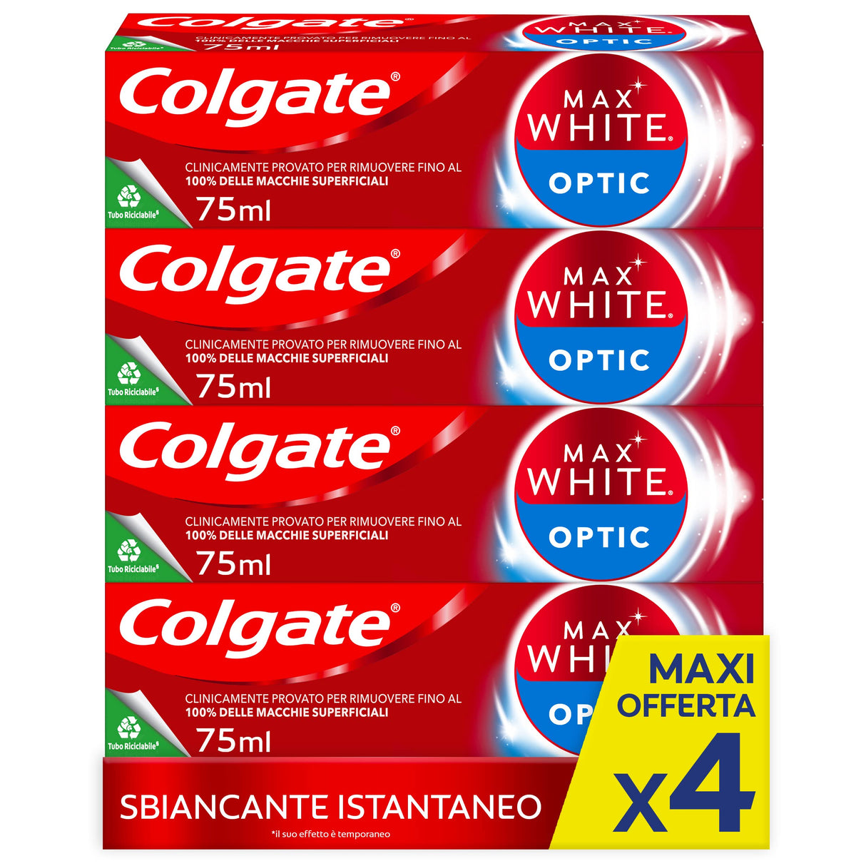 Colgate Dentifricio Sbiancante Max White Optic 4 Confezioni da 75 ml I Clinicamente Provato per Rimuovere Fino al 100% delle Macchie Superficialil I Denti più bianchi I Sbiancamento denti istantaneo