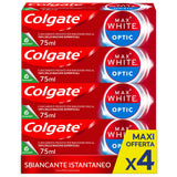 Colgate Dentifricio Sbiancante Max White Optic 4 Confezioni da 75 ml I Clinicamente Provato per Rimuovere Fino al 100% delle Macchie Superficialil I Denti più bianchi I Sbiancamento denti istantaneo