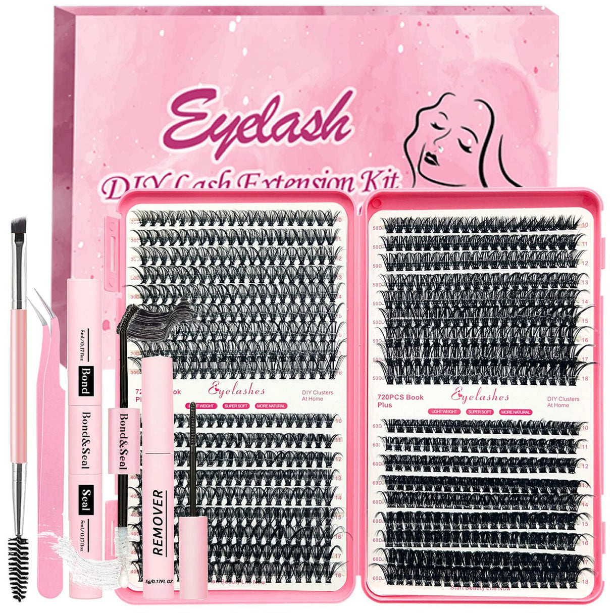 Qiveaory Kit di Estensione Delle Ciglia fai da 720pcs DIY Individual Lashes Clusters D Curl Kit con Lash Bond and Seal,Remover Extension Ciglia,Pinzette per Ciglia Pennello(10-18mm,30D+40D+50D+60D)