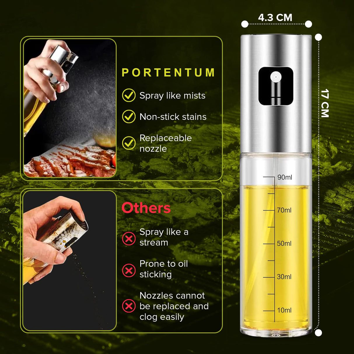 PORTENTUM Spruzzatore Olio Spray Premium per Cucina e Friggitrice ad Aria 100ml Spray Olio Cucina Antigoccia, Oliera di Vetro con Dispenser Accessori Friggitrice Senza Olio