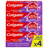 Colgate Dentifricio Sbiancante Max White Purple Reveal 4 Confezioni da 75 ml I Per Denti Bianchi I Sicuro Per Lo Smalto I Contiene Fluoro I Sbiancamento denti I Bianco naturale