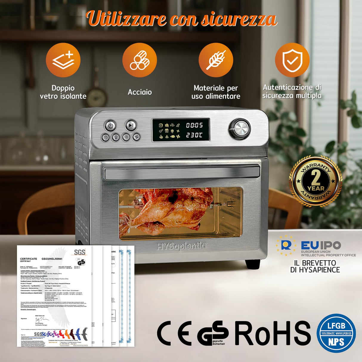 HYSapientia® Forno Friggitrice ad Aria Calda 24 litri 10 in 1, 1800W Friggitrice aria in acciaio inox，Ricette e istruzioni italiane，forno ad aria con 8 accessori…