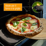 Amazy Pietra refrattaria per pizza da forno, incl. Pala, Carta da forno riutilizzabile e Ricettario –Pietra pizza dal sapore italiano (38x30x1,5cm) (Nero + pala per pizza in bambù)